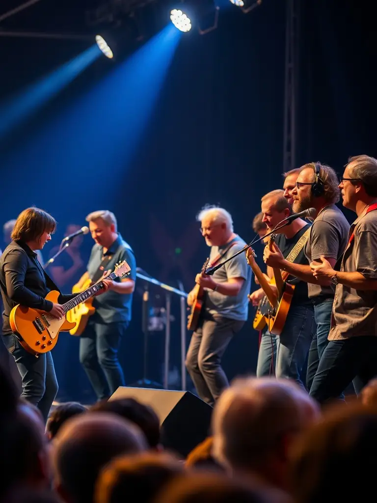 A photograph of a concert featuring a diverse group of musicians playing various instruments, with a focus on the energy and passion of their performance, reflecting ASS MANGUE PRODUCTION's commitment to musical excellence.