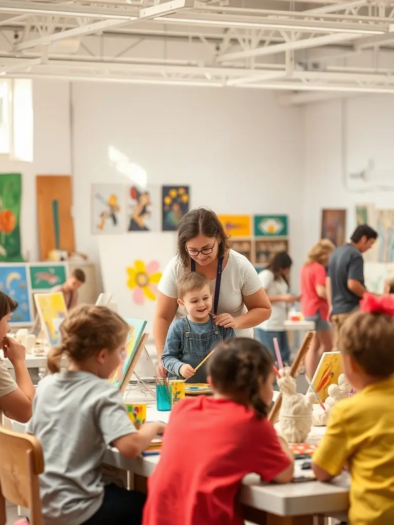 A photo of a workshop in progress, showing participants actively engaged in a hands-on art project, with an instructor providing guidance and support, illustrating ASS MANGUE PRODUCTION's dedication to artistic education.