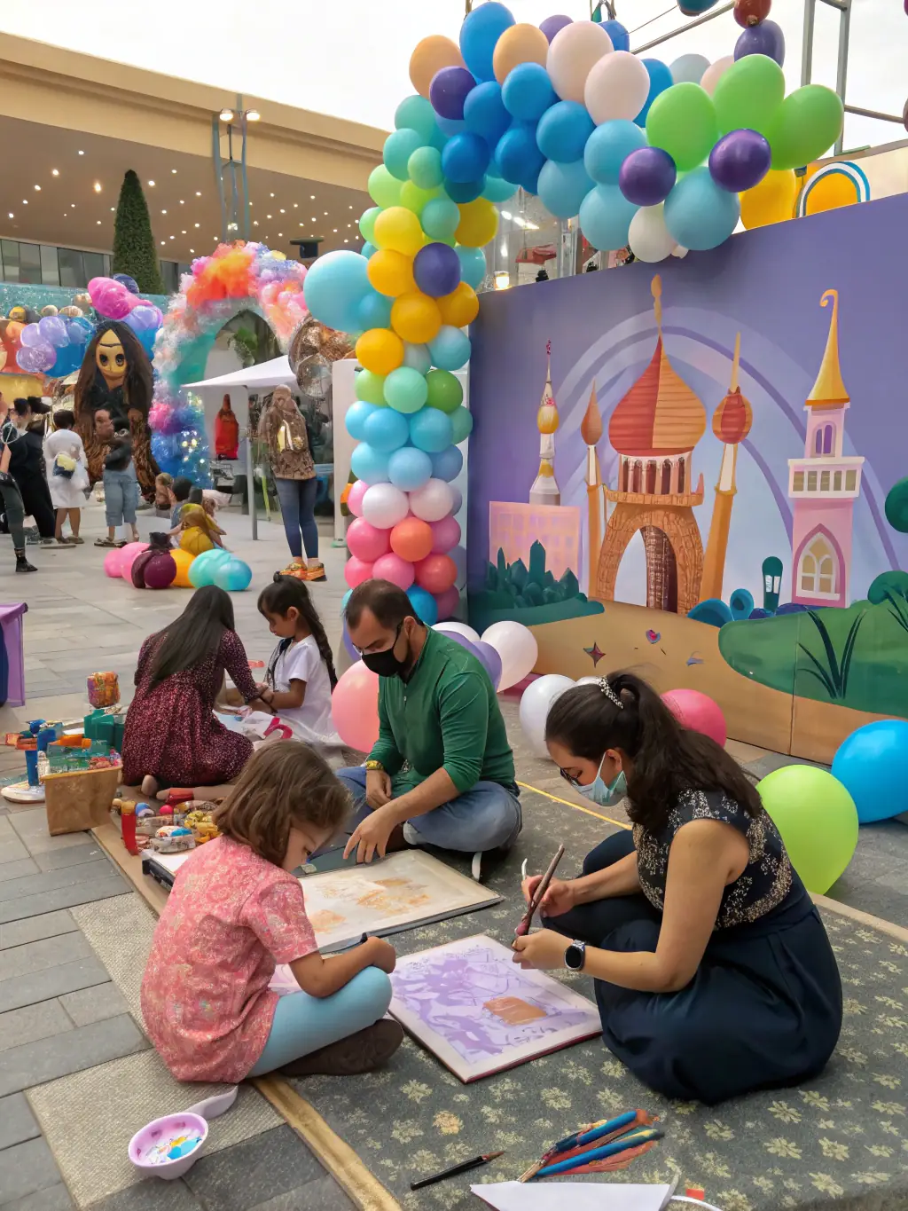 A photograph of a community arts event, showing families and individuals participating in interactive art installations and creative activities.