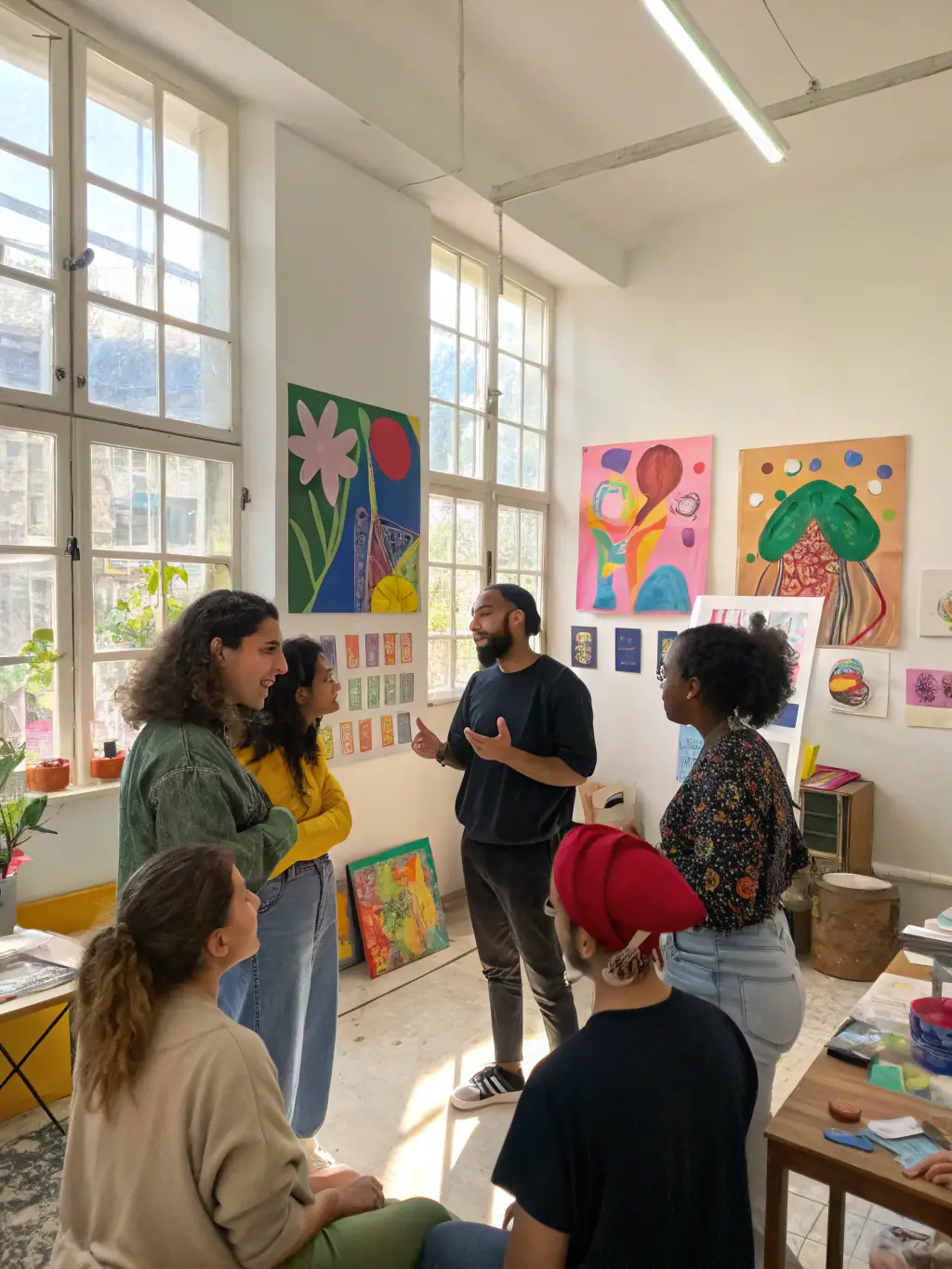 A picture of a training session where artists are learning new techniques and skills, with a focus on collaboration and mentorship, demonstrating ASS MANGUE PRODUCTION's commitment to professional development.